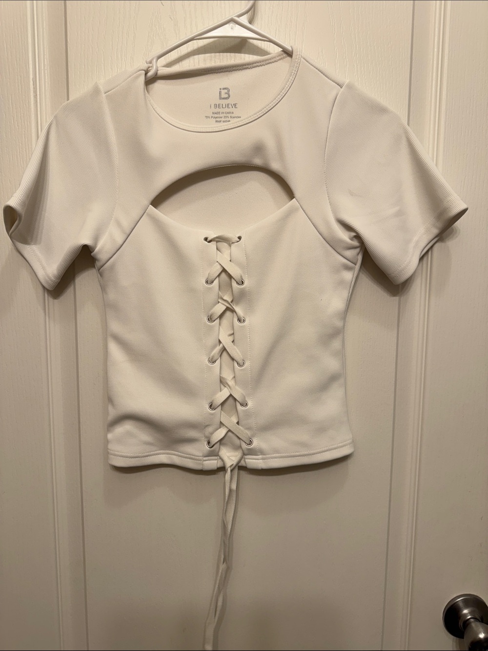 I Believe White Lace-Up Cutout Women's Top